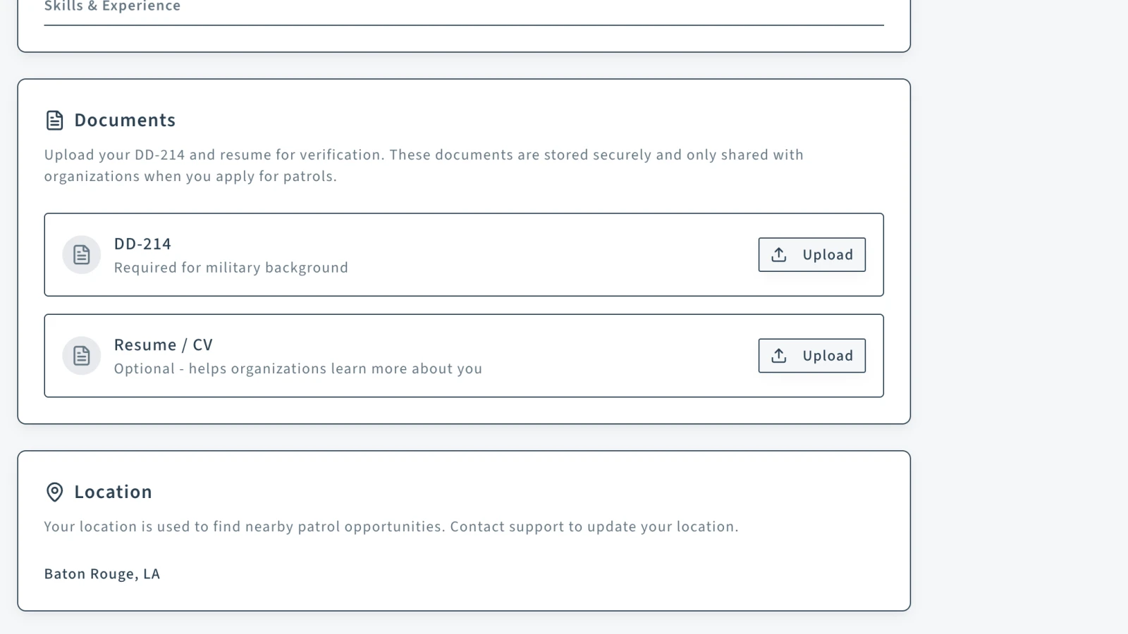 SAP documents area for securely uploading a DD-214 and resume for verification