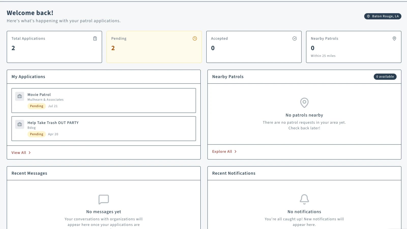 SAP guardian dashboard showing application totals, status, and nearby patrol activity